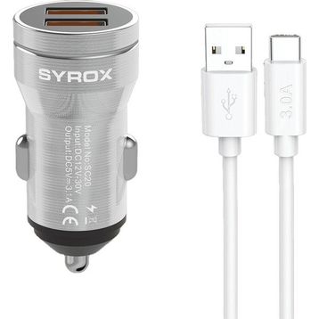 Syrox SC20T 3.1A Q.C. 3.0 1 mt USB-A Type-C Kablolu 2XUSB-A Port Çıkışlı Hızlı Gri Araç Şarj Cihazı