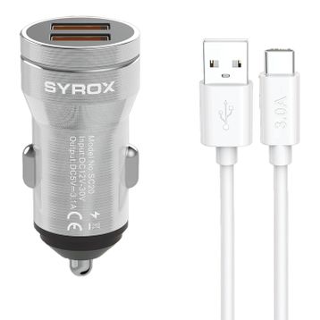 Syrox SC20T 3.1A Q.C. 3.0 1 mt USB-A Type-C Kablolu 2XUSB-A Port Çıkışlı Hızlı Gri Araç Şarj Cihazı