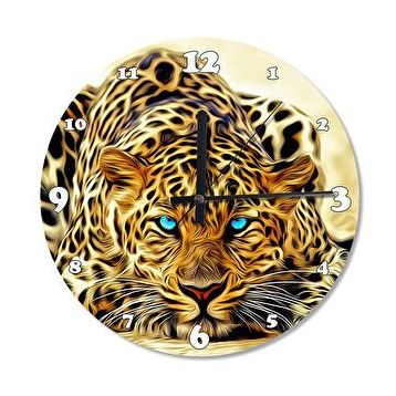 Tablomega Mavi Gözlü Leopar Ahşap Duvar Saati Duvar Saati