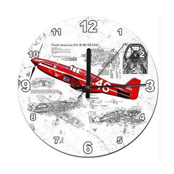 Tablomega P51 B Mustang Eski Savaş Uçağı Sessiz 50x50 cm Duvar Saati