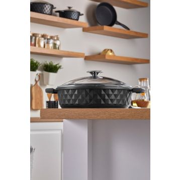Taç Bella TAC-3878 Siyah 24 cm Cam Kapak Döküm Basık Tencere