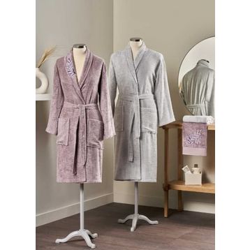 Taç Soft Lina Bamboo Mürdüm - Gri Çift Kişilik Bambu Aile Bornoz Seti
