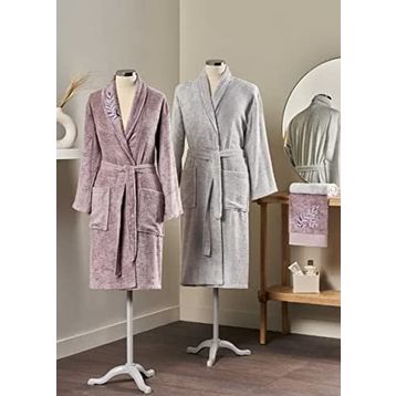 Taç Soft Lina Bamboo Mürdüm - Gri Çift Kişilik Bambu Aile Bornoz Seti