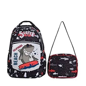 Tahticmer 2'li Köpek Balığı Siyah Unisex Beslenme Çantalı Ortopedik İlkokul Sırt Çantası