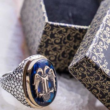 Takıhan 925 Ayar Gümüş Büyük Mavi Mineli Selçuklu Kartalı Erkek Yüzük