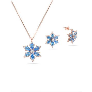 Takıhan 925 Ayar Lotus Çiçeği Aquamarin Taşlı Rose Gümüş Kolye Küpe Set