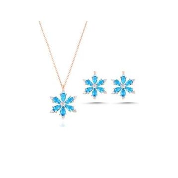 Takıhan 925 Ayar Lotus Çiçeği Aquamarin Taşlı Rose Gümüş Kolye Küpe Set