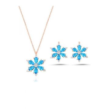 Takıhan 925 Ayar Lotus Çiçeği Aquamarin Taşlı Rose Gümüş Kolye Küpe Set