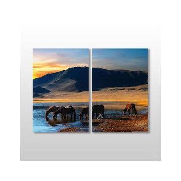 Technopa Atlar ve Göl Manzarası 70x60 cm Kanvas Tablo