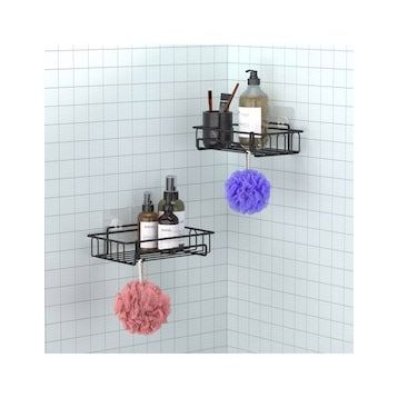Teknotel ST242H Mat Siyah 2 Adet Yapışkanlı Kancalı Banyo Rafı