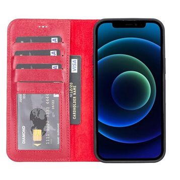 Teleplus iPhone 12 Hakiki Deri 2-1 Kartlıklı Cüzdan Kırmızı Kılıf