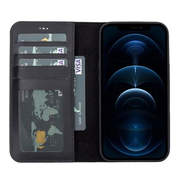 Teleplus iPhone 12 Pro Hakiki Deri 2-1 Kartlıklı Cüzdan Siyah Kılıf