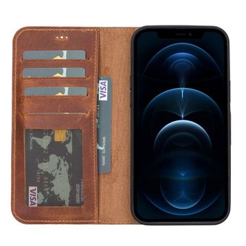 Teleplus iPhone 12 Pro Max Hakiki Deri 2-1 Kartlıklı Cüzdan Kahverengi Kılıf
