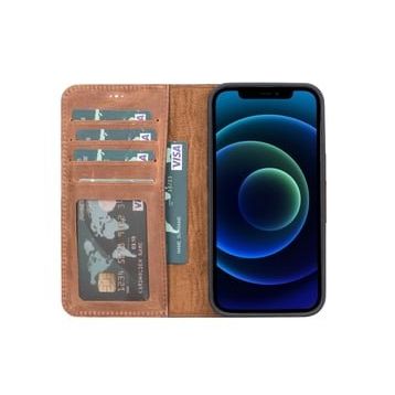 Teleplus iPhone 13 Hakiki Deri 2-1 Kartlıklı Cüzdan Kahverengi Kılıf