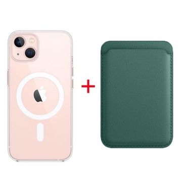 Teleplus iPhone 13 Manyetik Kristal Wiriless Destekli Sert Kapak Silikon Manyetik Kartlıklı Kılıf Yeşil Cep Telefonu Kılıfı