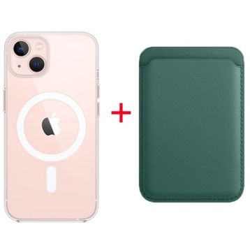 Teleplus iPhone 13 Manyetik Kristal Wiriless Destekli Sert Kapak Silikon Manyetik Kartlıklı Kılıf Yeşil Cep Telefonu Kılıfı