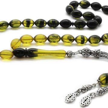 Tesbihane 925 Ayar Gümüş Çift Püsküllü Arpa Kesim Süzme Sarı Siyah Ateş Kehribar Tesbih