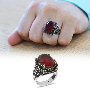 Tesbihane Faset Kırmızı Zirkon Taşlı Otantik Tasarım 925 Ayar Gümüş Erkek Yüzük