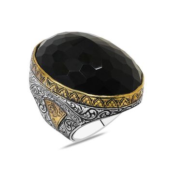 Tesbihane Faset Siyah Zirkon Taşlı Tuğra Detaylı Koleksiyonluk 925 Ayar Gümüş Erkek Yüzük