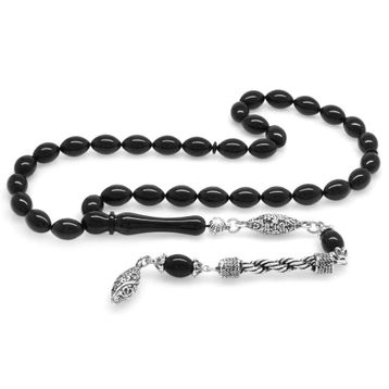 Tesbihane Kararmaz Metal Halat Püsküllü Arpa Kesim Siyah Sıkma Kehribar Tesbih