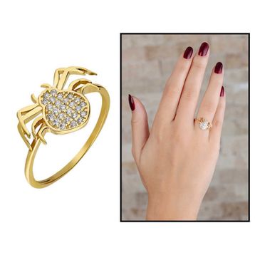 Tesbihane Zirkon Taşlı Spider Tasarım Gold Renk 925 Ayar Gümüş Kadın Yüzük