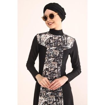 Tesmay 2242 Siyah Dijital Desenli Lycralı Tesettür Mayo