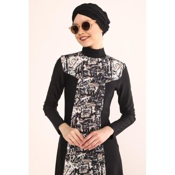 Tesmay 2242 Siyah Dijital Desenli Lycralı Tesettür Mayo