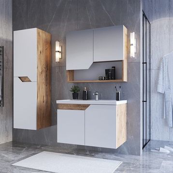 Teta Home Napoli 65 cm MDF Atlantik Çam Beyaz Banyo Dolabı Seti + Boy Dolabı