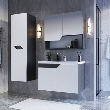 Teta Home Napoli 80 cm MDF Antrasit Beyaz Banyo Dolabı Seti + Boy Dolabı