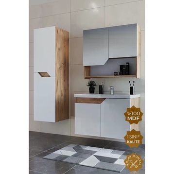 Teta Home Napoli 80 cm MDF Atlantik Çam Beyaz Banyo Dolabı Seti + Boy Dolabı