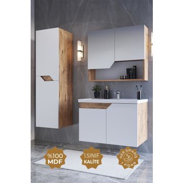 Teta Home Napoli 80 cm MDF Atlantik Çam Beyaz Banyo Dolabı Seti + Boy Dolabı