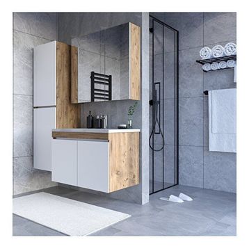Teta Home Tokyo 80 cm Atlantik Çam - Beyaz Mdf Banyo Dolabı Seti +Boy Dolabı