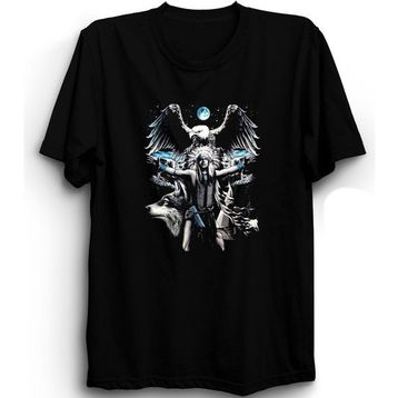 The Fame Kızılderili Şaman Indian Wolf Eagle Kurt ve Kartal Siyah Unisex T-shirt