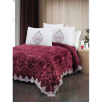 The Home Collection Larissa Bordo Fransız Güpürlü Battaniye Yatak Ört Seti