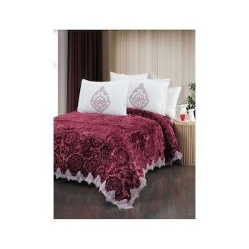 The Home Collection Larissa Bordo Fransız Güpürlü Battaniye Yatak Ört Seti