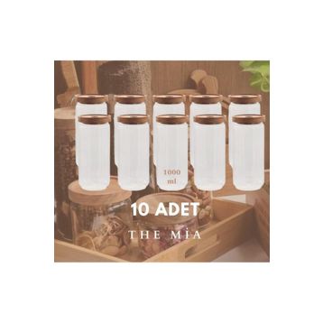 The Mia CAM0315 Ahşap Kapaklı Büyük Boy 1000 ML 10 Adet Cam Saklama Kabı