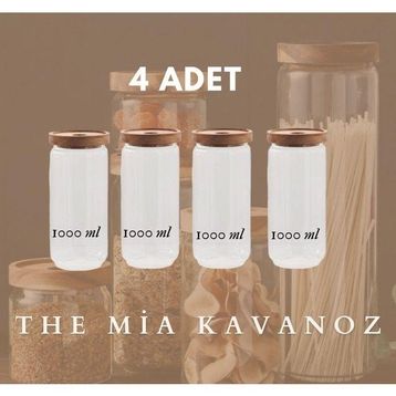 The Mia CAM0315 Ahşap Kapaklı Büyük Boy 1000 ML 4 Adet Cam Saklama Kabı
