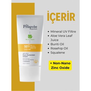 The Prouvee Reponses %100 Doğal SPF50+ Anti-Spot Leke Karşıtı Yüz İçin 40 ml Organik Güneş Koruyucu Krem