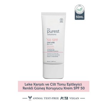 The Purest Solutions SPF50+ 50 ml Leke Karşıtı ve Cilt Tonu Eşitleyici Renkli Güneş Koruyucu Krem