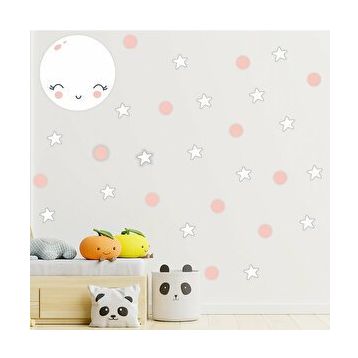 Tilki Dünyası S0003 ST Sevimli Ay Beyaz Yıldızlar ve Pembe Puantiyeler Çocuk Odası Duvar Sticker