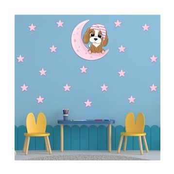 Tilki Dünyası S0009 ST Pembe Ay Üzerindeki Sevimli Köpek Çocuk Odası Duvar Sticker