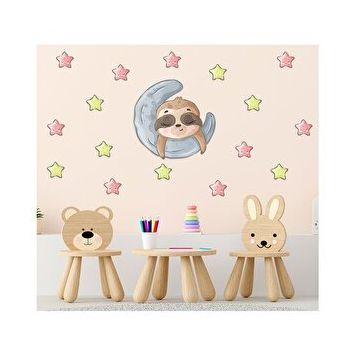 Tilki Dünyası S0010 ST Ay Üzerinde Uyuyan Tembel Hayvan Pembe Sarı Yıldızlar Çocuk Odası Duvar Sticker