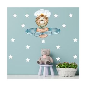 Tilki Dünyası S0013 ST Uçak Kullanan Aslan ve Beyaz Yıldızlar Çocuk Odası Duvar Sticker