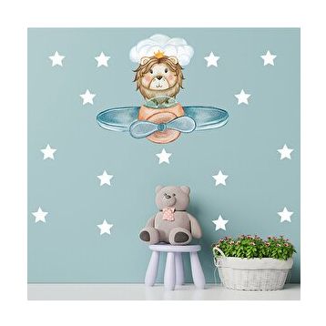 Tilki Dünyası S0013 ST Uçak Kullanan Aslan ve Beyaz Yıldızlar Çocuk Odası Duvar Sticker
