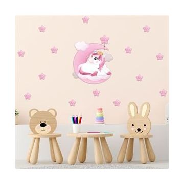Tilki Dünyası S0014 ST Pembe Bulut Üzerindeki Sevimli Unicorn ve Pembe Yıldızlar Çocuk Odası Duvar Sticker