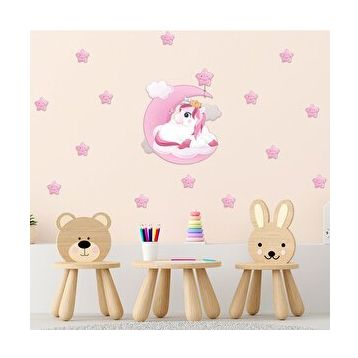 Tilki Dünyası S0014 ST Pembe Bulut Üzerindeki Sevimli Unicorn ve Pembe Yıldızlar Çocuk Odası Duvar Sticker