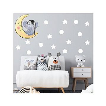 Tilki Dünyası S0018 ST Ay Üzerinde Uyuyan Sevimli Fil Beyaz Yıldızlar ve Puantiyeler Çocuk Odası Duvar Sticker