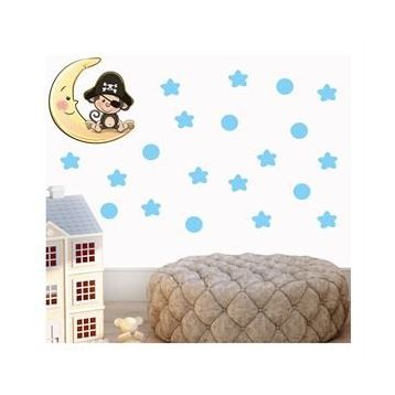 Tilki Dünyası S0019 ST Ay Üzerindeki Korsan Maymun Mavi Yıldızlar ve Puantiyeler Çocuk Odası Duvar Sticker