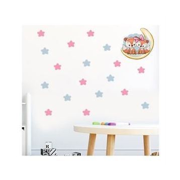 Tilki Dünyası S0021 ST Ay Üzerindeki Sevimli Tilkiler Mavi ve Pembe Yıldızlar Çocuk Odası Duvar Sticker