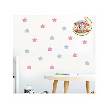Tilki Dünyası S0021 ST Ay Üzerindeki Sevimli Tilkiler Mavi ve Pembe Yıldızlar Çocuk Odası Duvar Sticker